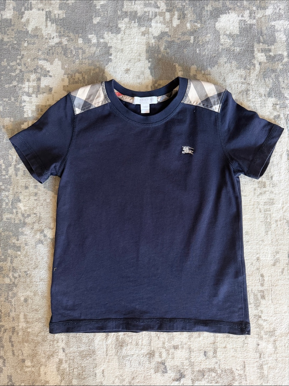 Burberry Boy’s Navy Short Sleeve Tee with Check Shoulder Panels, Size 6